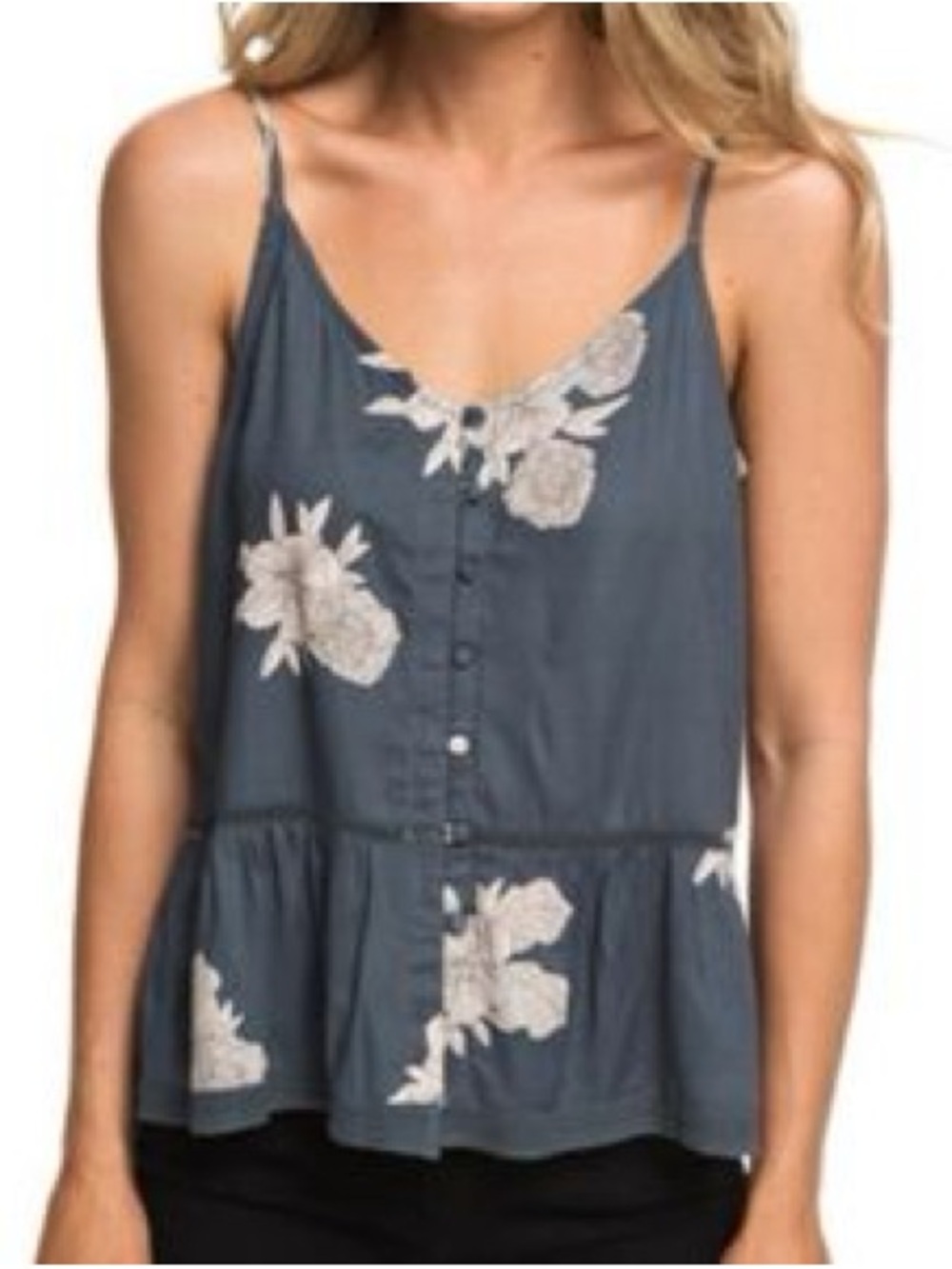 Roxy Dusty Grey Floral Button-Front Peplum Tank